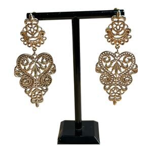 Ornate Filigree Dangle Drop Gold Tone Earrings 2 1/2” Drop